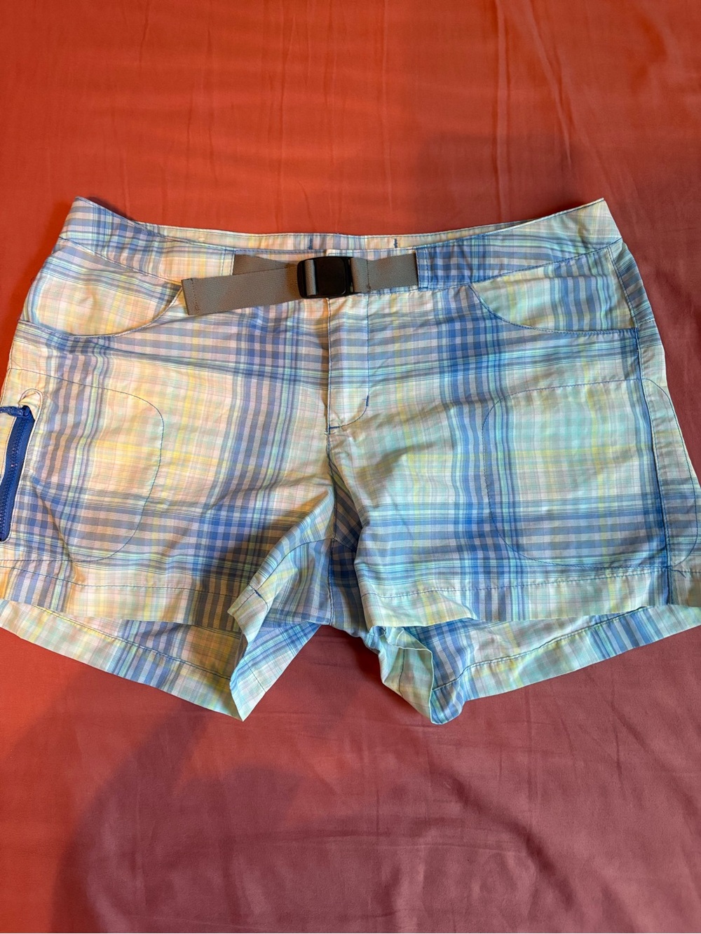 Columbia Women's Light Blue Plaid Athletic Shorts with Integrated Belt